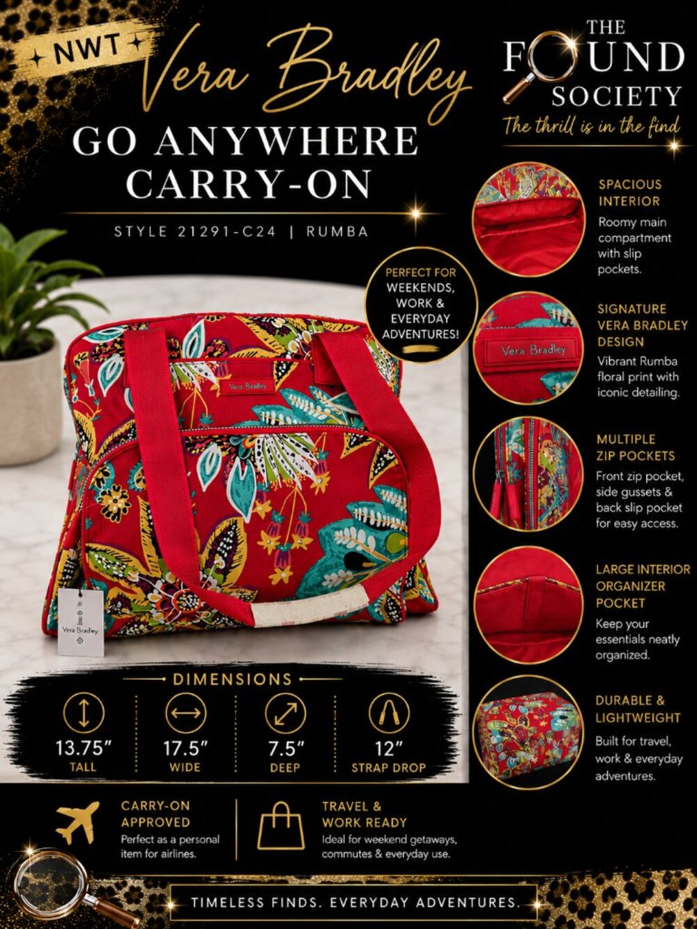 NWT Vera Bradley Go Anywhere Carry-On Travel Tote Weekend Bag Rumba Floral